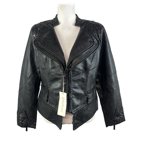Chou Yatou Women's Black Faux Leather Studded Moto Biker Jacket sz Large Pockets - Picture 1 of 15